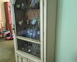 Great Drybar or Curio Cabinet with Caged Glass and Grasscloth Inside
