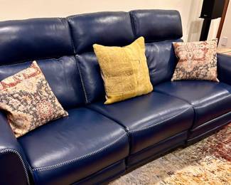 Chatham Blue Leather Sofa W/whipstitch detail & Power Recliners Looks Awesome !