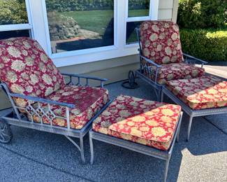 (2) large Patio Lounge Chairs on wheels w/Ottomans Iron/Cushions