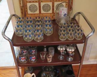 Folk art tray, Libbey "Nordic" glasses, 1970's utility cart