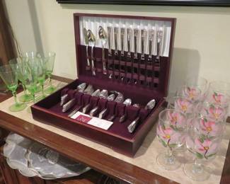 Green uranium glasses, silverplate flatware set, Desert Rose glasses