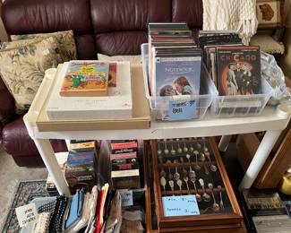 DVDs, vhs,  spoons, linen napkins