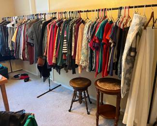Womens clothes (mostly medium). Mens clothes (most pants 33/30 some larger, coats, ties, servicemen shirts) Swivel adjustable stool, marble top round stool
