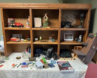 Antique phones, antique camera, cast iron truck, metal toy truck, business supplies