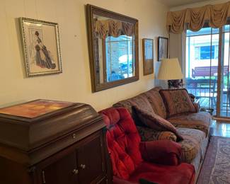 working Victrola, cross-stitch mirror, love seat (Has matching sofa), lamps