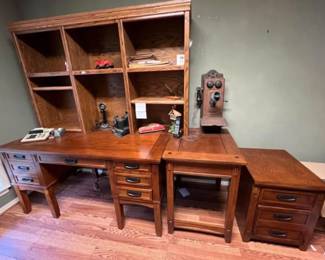 Beautiful matching 3 piece office set. Bookshelf is separate. Antique telephones and camera