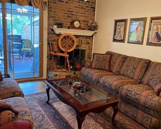 Sofa set, coffee table and matching side table (not shown) Handmade spinning wheel, chiming mantel clock, Exquisite framed 4 Seasons cross stitch with beading, small pottery tea set