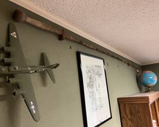 Vintage rod and lures. Model plane, Framed firemen black and white, globe 