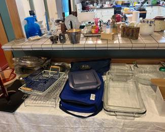 Pyrex portable set, baskets, glass baking dishes, silver plated trays and bowls