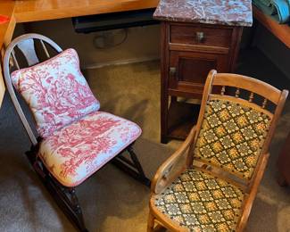 mini rockers. baskets, afghans, **Marble top table is sold**