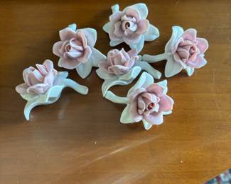 6 pink porcelain rose place card holders 