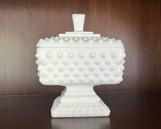 Hobnail milk glass lidded candy dish 