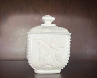Vintage Westmoreland lidded square milk glass covered dish with grape motif 