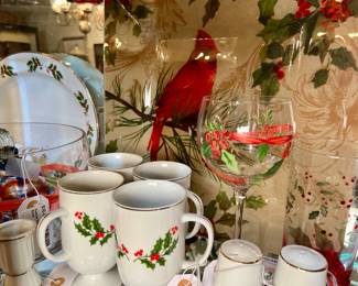 Christmas Holly Dishes,  Hand Painted Holiday Wine Glasses