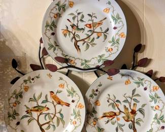 Set of 3 Botanical Bird Porcelain Plates with Rack