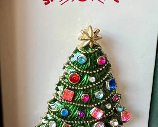 Vintage Christopher Radko Enamel and Rhinestone Christmas Tree Brooch