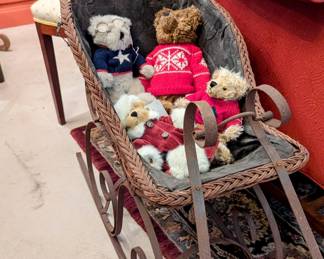 Antique Wicker and Iron Baby Sled, collection of Boyd Bears