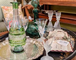 Vintage Cut to Clear Decanter, Set of 4 Sasaki Wings Frosted Birds Wine Glasses