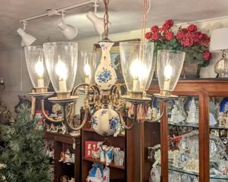 Blue and White Porcelain and Metal Chandelier 