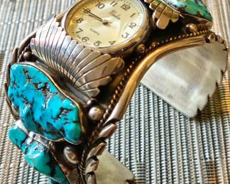 Large scale cuff watch with turquoise