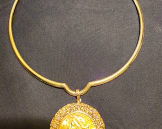 Amazing! 1900 coin set in wide 14k bezel with diamonds. 20" 14k custom made neck wire.