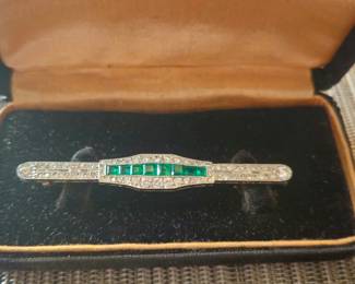 Platinum, white gold, diamond, emerald bar pin