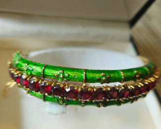 Enamel, garnet, vermeil hinged bangle