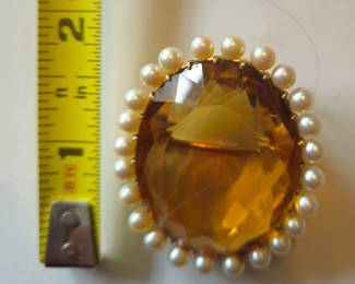 Large citrine with genuine pearls set in 14k brooch