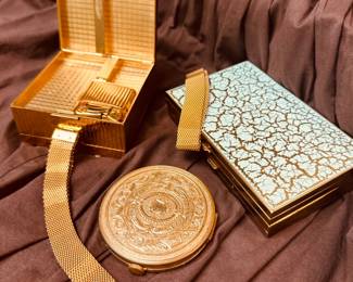 Vintage Dance Purse or Minaudiere. Round Compact interior turns to add loose powder. Another dance compact on right.