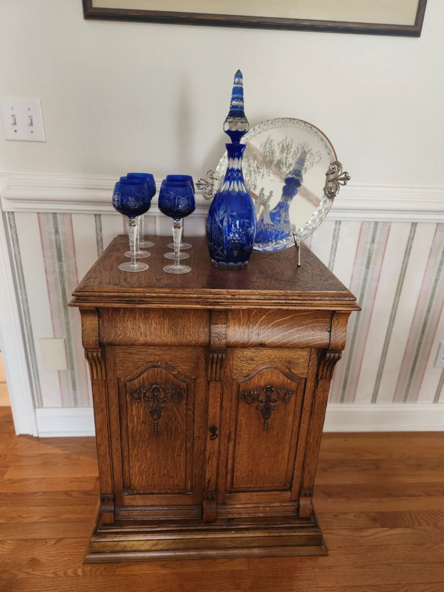 Antique wood sewing cabinet was repurposed as a bar. Cobalt crystal decanter w stemware glasses. Ercole Barovier 1940's Italian Murano Twisted Glass Engraved Serving Tray Mirror