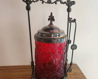 Antique Victorian Fancy Ornate Pickle Castor Ruby Red Glass Insert Meriden Pickle Cruet with Stand Lid and Tongs