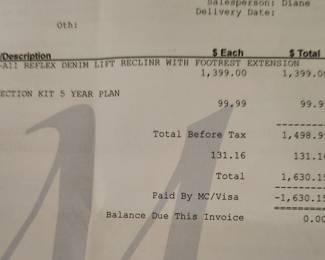 Receipt for lift chair from Martins