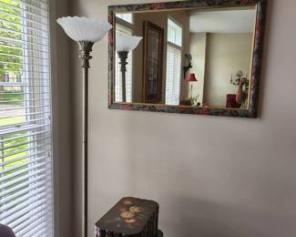 Mirror, floor lamp and stack of 3 boxes