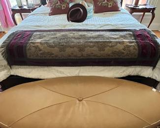 bedroom furniture, a pair of inlaid French style tables and an upholstered oval bench