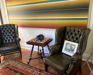A 10 foot modernist Walter Prochownik oil painting and a pair of Kittinger leather Chippendale wing back chairs
