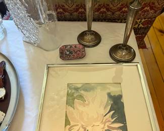 sterling candlesticks and a watercolor by Bill Storrs