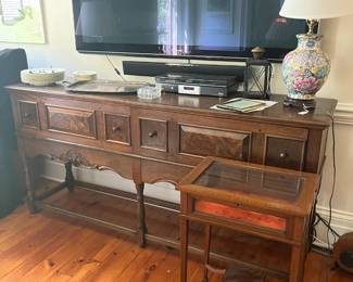 a walnut Berkey & Gay sideboard, and an antique Hepplewhite spade foot inlaid display cabinet