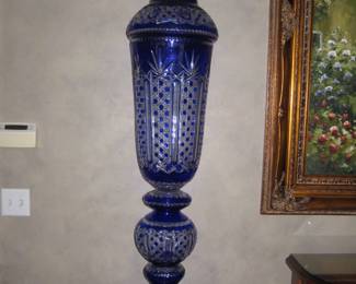 Monumental  Cobalt Overlay with Gilt Crystal Covered Urns