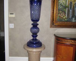 Monumental Cobalt Overlay with Gilt Crystal Covered Urns