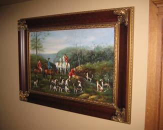 Original Large Oil Painting on Canvas, English Hunting Scene, Black Frame
