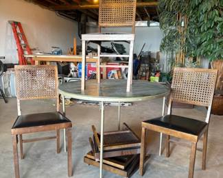 (5) Vintage Leg O Matic Wood & Cane Folding Chairs + Table	