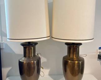 Vintage 1970s Brushed Brass Urn Table Lamps w/Barrel Shades - 42"T	