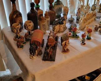 Decantors, barware, Stoneware and Collectible figurines and 6 boxes of beautiful metal and wooden decorative frames