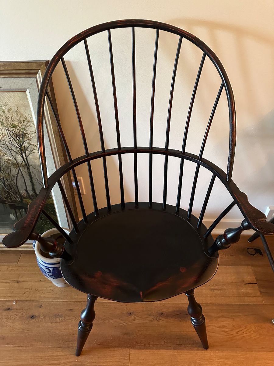 Pair of Vintage D. R. Dimes Windsor crackle black knuckle arm chairs
