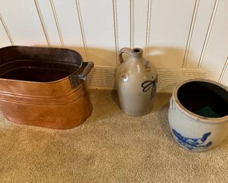 Many crocks, Ballard Burlington stoneware, Jacobson Buffalo stoneware and copper pieces