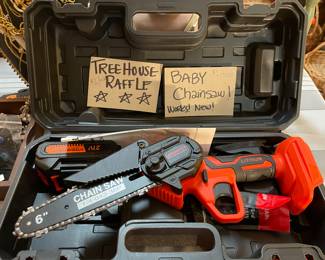 *This Sale's Raffle Item* you can put your spare change towards your dream of Owning a baby chainsaw that works great! Rechargeable battery, brand new! See cashier to get your tickets!