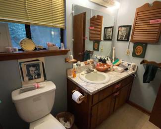 The second bathroom.. Vincent Price is hanging out by the medicine cabinet. The young folks probably don't know who he is but he and his wife put out a great cookbook that my sister loves.