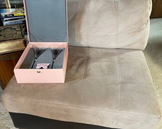 LARGE OVER SIZE CHAIR, WATERFORD CHAMPAGNE FLUTES