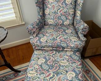 PRISTINE QUALITY LIVING ROOM CHAIR AND OTTOMAN. 
