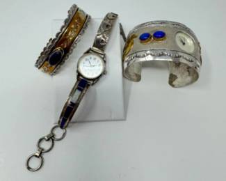 Vintage Silver & Gold Jewelry Collection (141.53g): Hopi Bracelet, Bangle & Watch